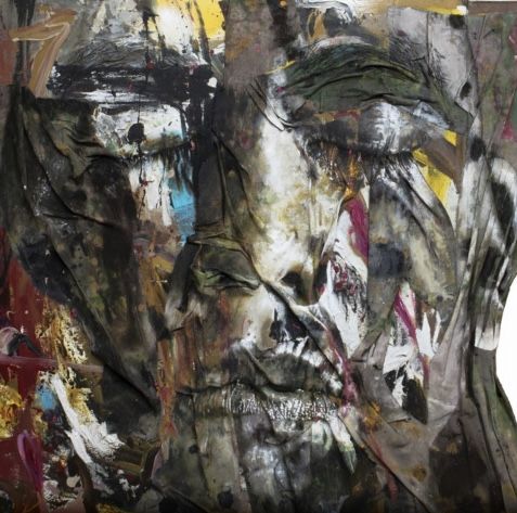 an abstract painting of a man's face with multiple colors and patterns on it