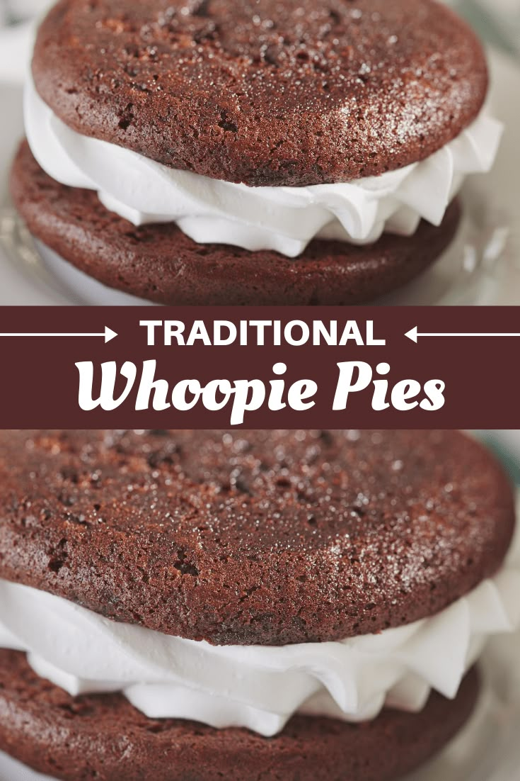 two chocolate whoopie pies on a plate with the words traditional and whole