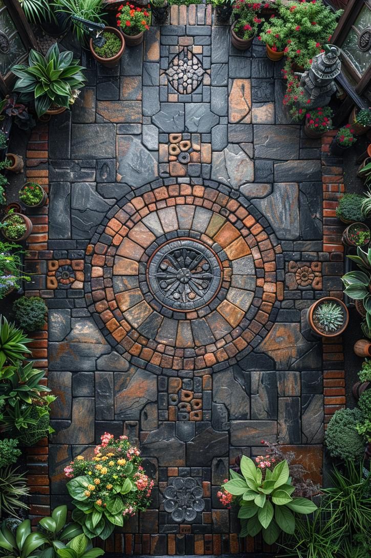 an overhead view of a brick wall with potted plants and succulents