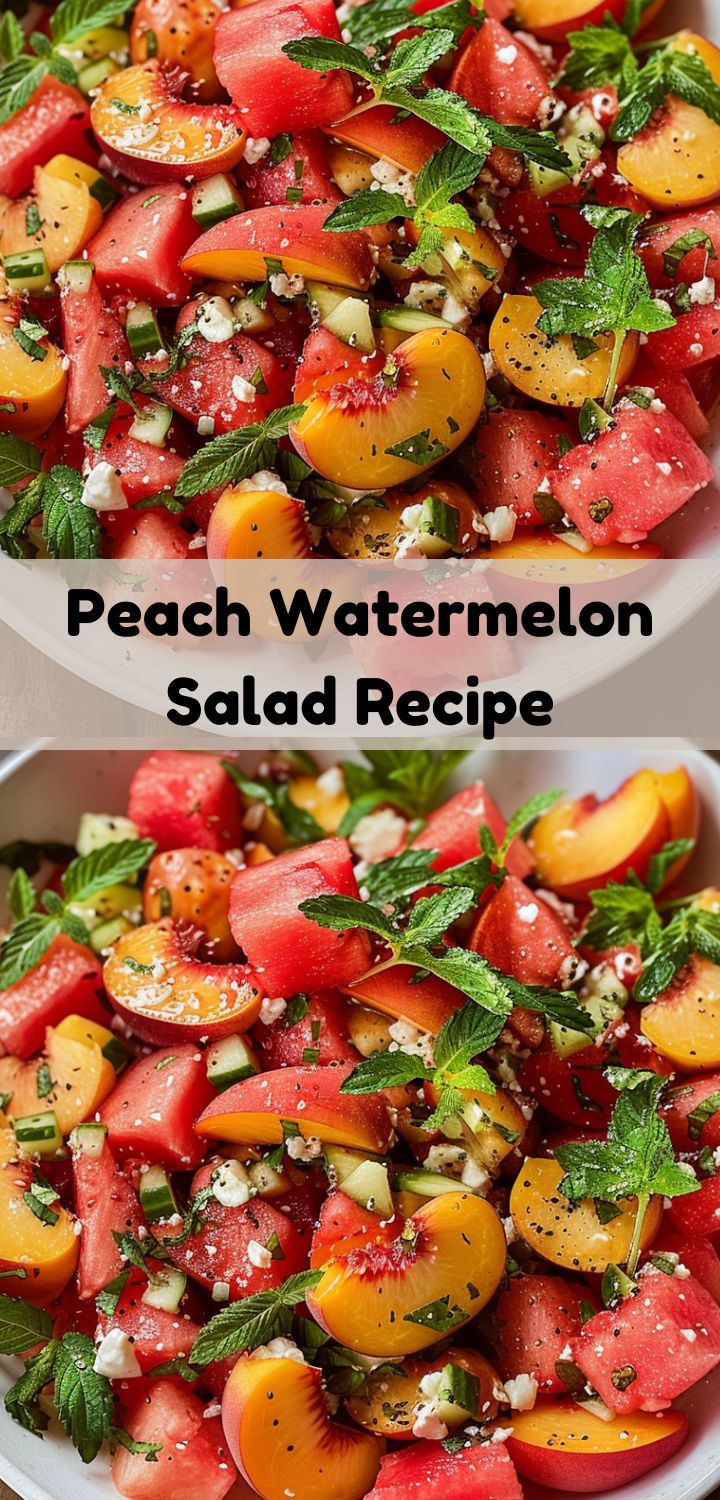 watermelon salad with mint and feta cheese in a white bowl on the side