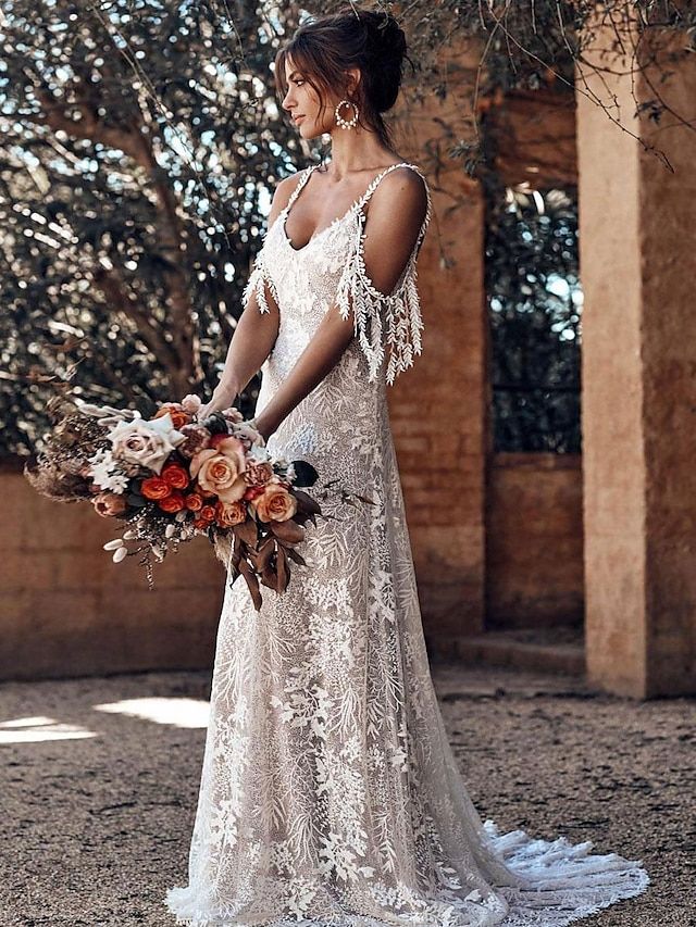 Wedding Dresses Ball Gown Off Shoulder V Neck Regular Straps Court Train Satin Bridal Gowns With Pleats Ruched  dress to impress 2024 2024 - $229.99 Boho Cream Wedding Dress, Sheer Side Wedding Dress, Off White Boho Wedding Dress, Rustic Boho Wedding Dress Bohemian, Wedding Dress For Hawaii, Simple Flowy Wedding Dress Boho, Boho Bride Dress Simple, Rustic Western Wedding Dress, June Bridals Wedding Dress