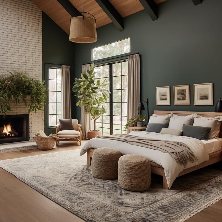 a bedroom with a large bed sitting next to a fire place in the middle of it