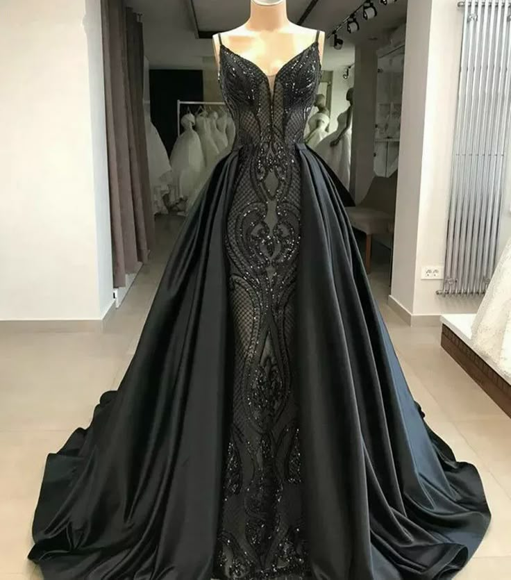 Gorgeous Mermaid Gothic Black Wedding Dress Detachable V Neck Satin Bridal Gown | eBay Black Wedding Gowns, Wedding Dress Black, Prom Dress Black, Black Ball Gown, Celebrity Gowns, Gothic Wedding Dress, Goth Wedding, Dark Wedding, Black Dress Formal