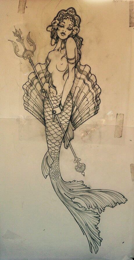 a drawing of a mermaid holding a scallop on the back of her body