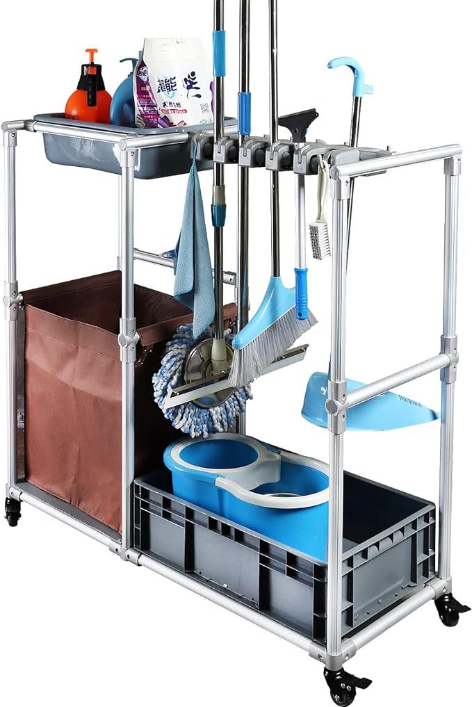 a metal cart with cleaning supplies on it