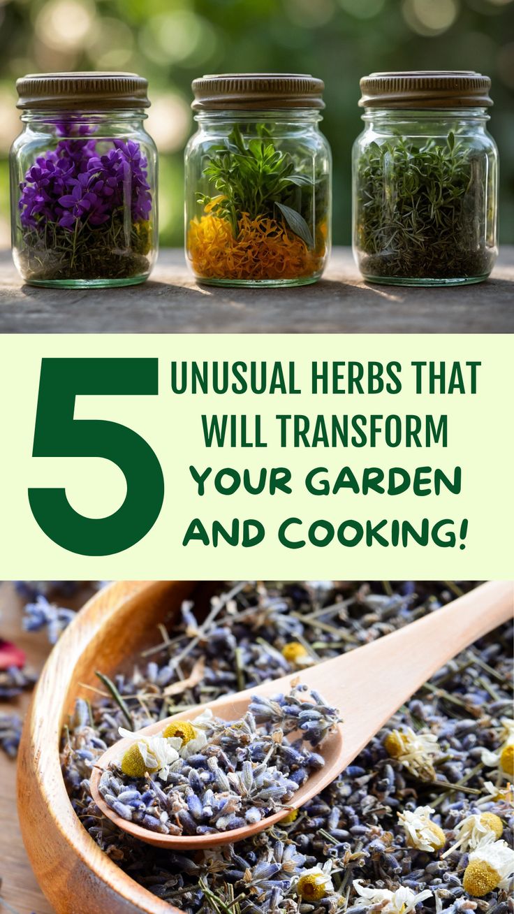 five jars filled with herbs and the words 5 unusual herbs that will transform your garden and cooking