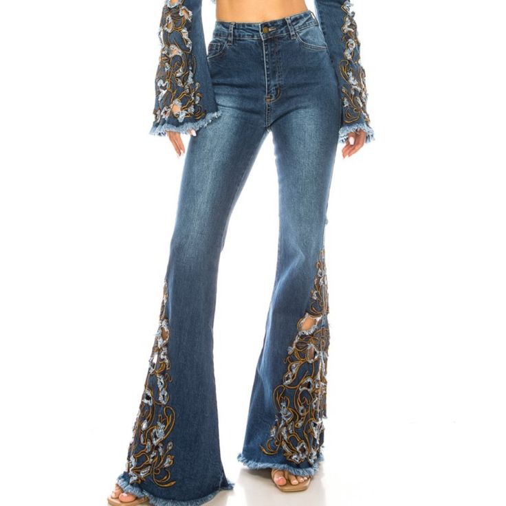 Flare Embroidered Denim Jeans Are Versatile And Stylish. They Have Intricate Embroidery And A Flattering Flare Cut. Available In Sizes S(3/5) To Xl(11/13). Made From 98% Cotton And 2% Spandex. High Rise Floral Embroidered Jeans, High Rise Jeans With Floral Embroidery, High-rise Denim Bottoms With Floral Embroidery, High Rise Denim Bottoms With Floral Embroidery, Embroidered Mid-rise Flare Jeans For Fall, Mid-rise Embroidered Flare Jeans For Fall, Dark Wash Floral Embroidery Jeans For Spring, Spring Floral Embroidered Dark Wash Jeans, Medium Wash Bottoms With Floral Embroidery For Fall