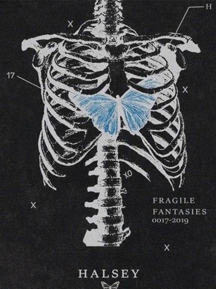 a black and white drawing of a skeleton with blue butterflies on it's chest