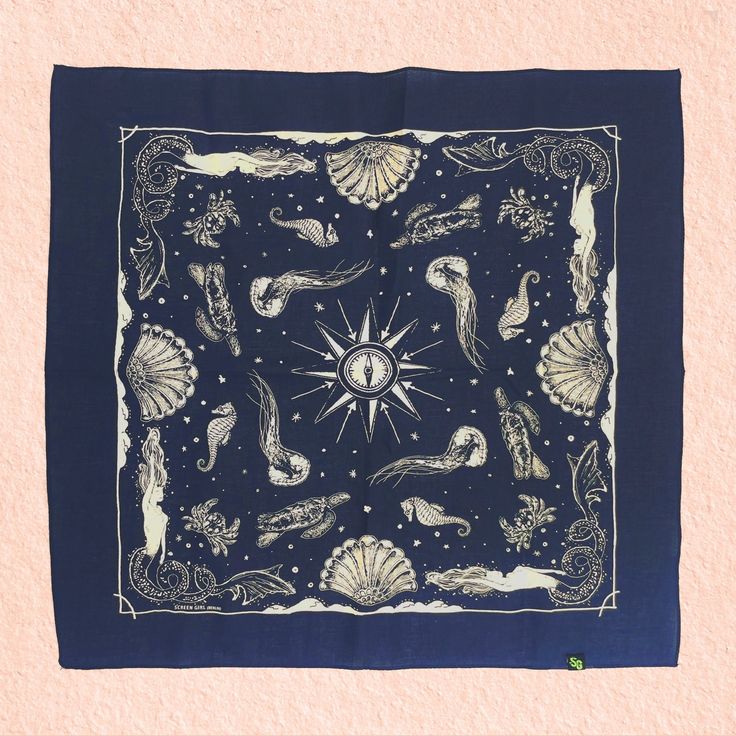 an image of a square scarf with sea animals on it and stars in the sky