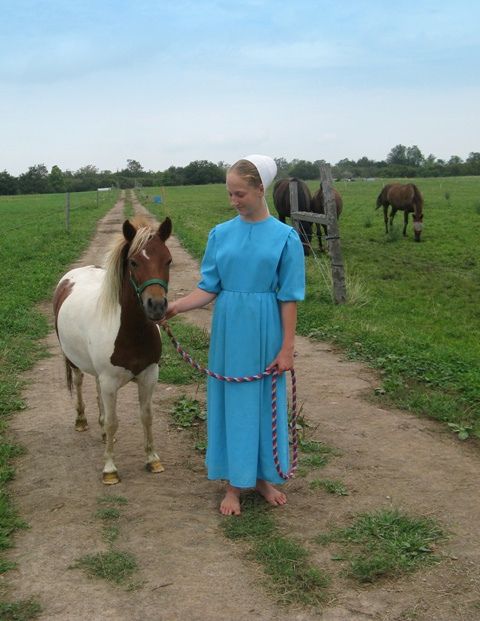 a woman in blue dress standing next to a brown and white horse on dirt road