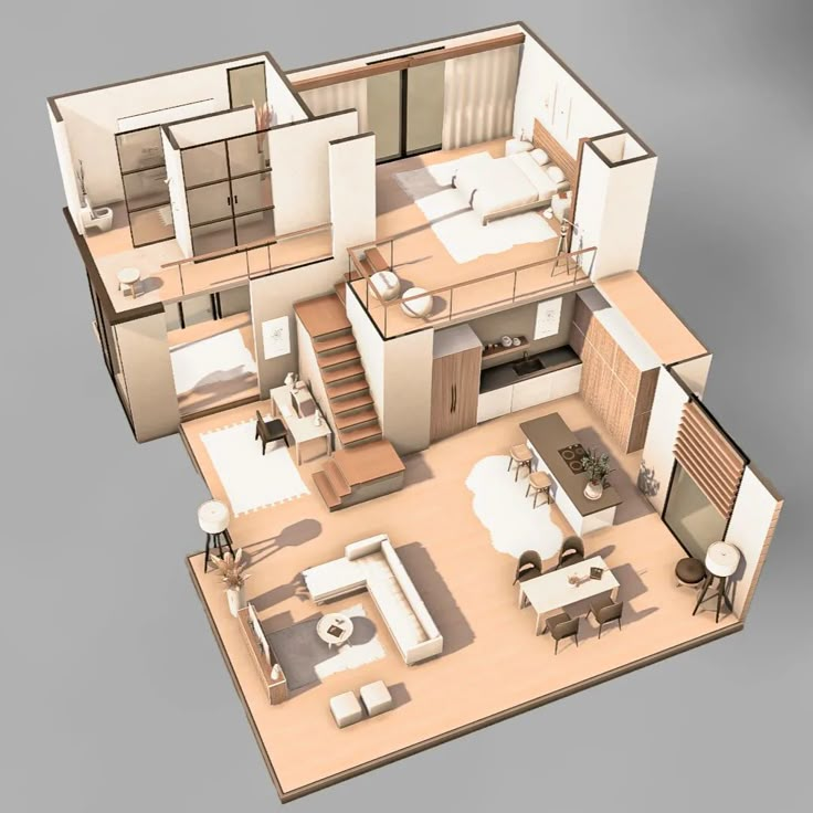 an overhead view of a house with all the furniture in it