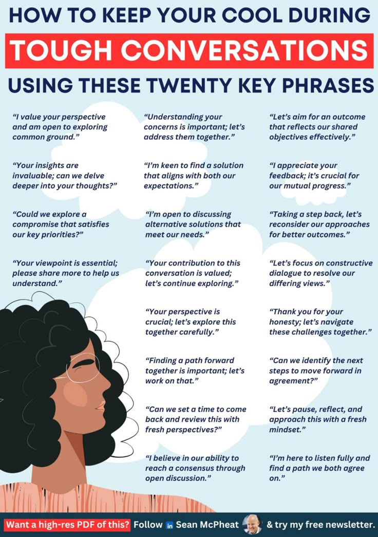 a poster with the words how to keep your cool during tough conversations using these twenty key phrases