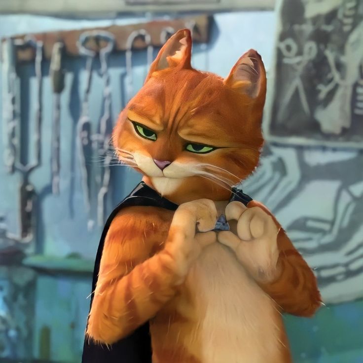 an orange cat with green eyes is holding something in his hands and looking at the camera