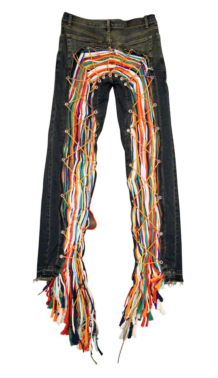 Stretched Slim Fit Denim Yarn Pants Jeans, Bejeweled Clothes, Yarn Jeans, Jean Custom, Rainbow Jeans, Custom Jeans Diy, Jeans With Patches, Experimental Fashion, Unique Sewing Patterns