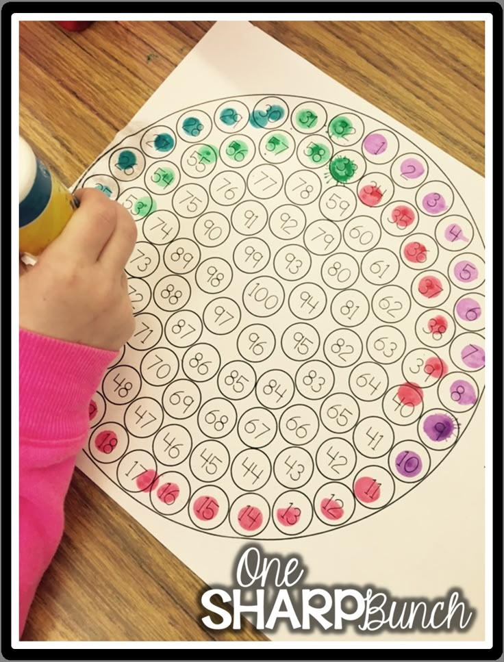 a child's hand holding a marker over a paper with circles on it