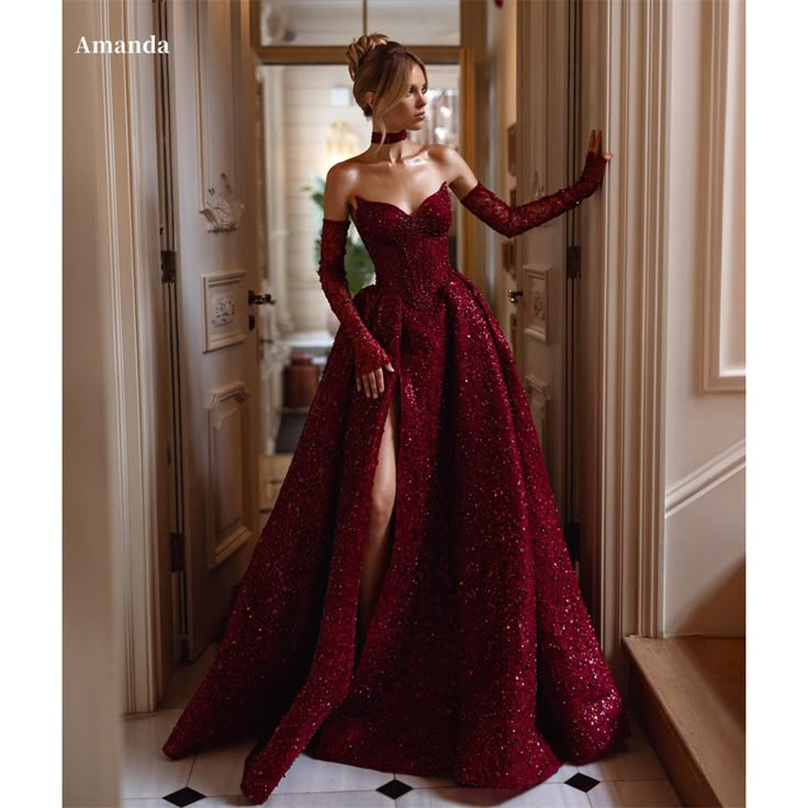 Amanda Strapless Draped Sleeveless robes de soirée Side High Split Exquisite Evening Dresses Wedding Prom Dress With Gloves, Chic Prom Dresses, Dress With Gloves, Beaded Prom Dress, Prom Dress Inspiration, Popular Dresses, فستان سهرة, Red Prom, Dress Dusty