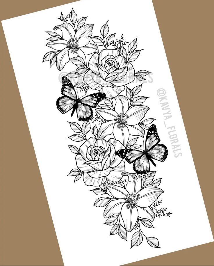 a black and white drawing of flowers with butterflies on the bottom half of each flower