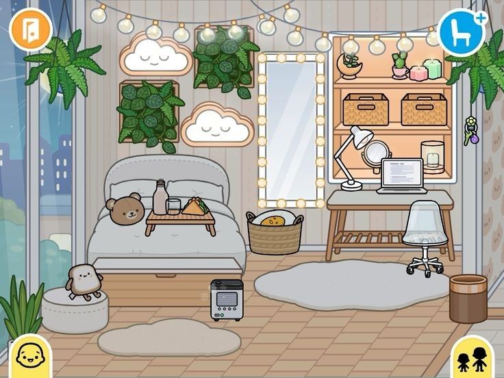 a cartoon bedroom with teddy bears on the bed and plants in the window sill