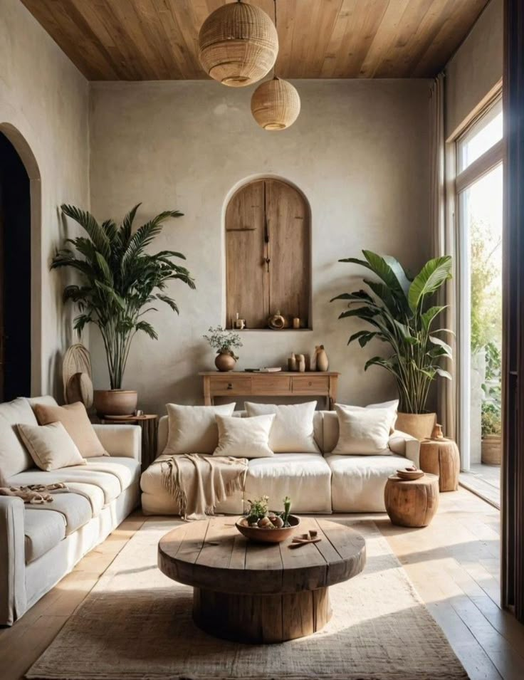 a living room filled with lots of furniture and potted plants on top of it