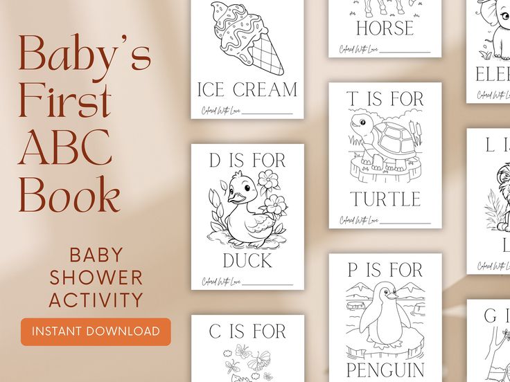 the baby's first abc book is shown in black and white