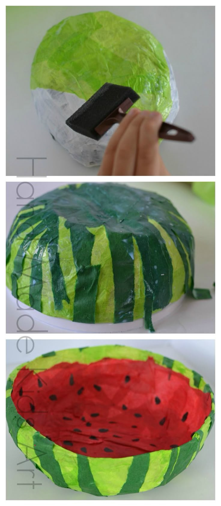 the process to make a paper plate watermelon bowl is shown in three different stages