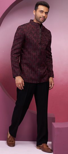 Red and Maroon color Jodhpuri Suit in Rayon fabric with Embroidered, Printed work Festive Bollywood Bandhgala With Printed Motifs, Bollywood Style Festive Bandhgala With Printed Motifs, Designer Festive Sets With Printed Motifs, Festive Designer Sets With Printed Motifs, Red Kurta With Printed Motifs In Traditional Drape, Red Resham Embroidered Kurta For Reception, Red Kurta With Resham Embroidery For Reception, Red Reception Kurta With Resham Embroidery, Red Resham Embroidery Kurta For Reception