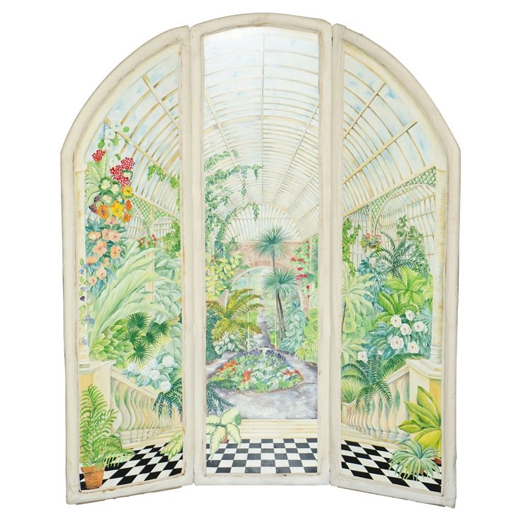 an open window with plants and flowers painted on the glass in front of white background