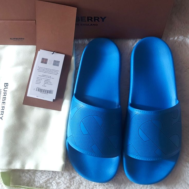 Burberry Slides For Adult Size It42 Comes With Dust Bag And Original Box Blue Sporty Slides For Sports, Designer Blue Slides For Summer, Burberry Slippers, Luxury Blue Summer Slides, Burberry Slides, Luxury Blue Leather Slides, Burberry Shoes, Flip Flop Sandals, Slides