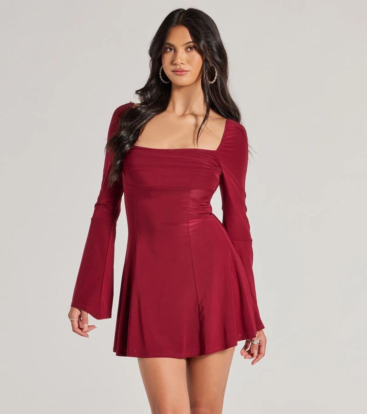 This adorable mini dress features a square neckline with a pleated draped overlay, long bell sleeves, and a flowy A-line silhouette for that effortlessly pretty vibe. The sleek knit fabric offers plenty of stretch for comfortable wear. Perfect for a formal party, style with stiletto heels.Fit & FeaturesSleek knit fabric with knit lining, plenty of stretchSquare neckline, pleated draped overlayLong bell sleevesHigh waist seamMini-length A-line silhouetteRuns true to size Red Dress Short Sleeve, Windsor Long Sleeve Dress, Winter Dance Dresses Red, Burnt Orange Long Sleeve Dress, Winter Formal Dresses Short Long Sleeve Red, Semi Formal Dresses Sleeves, Christmas Dinner Dress Classy, Women Christmas Dress, Christmas Party Outfits Dress