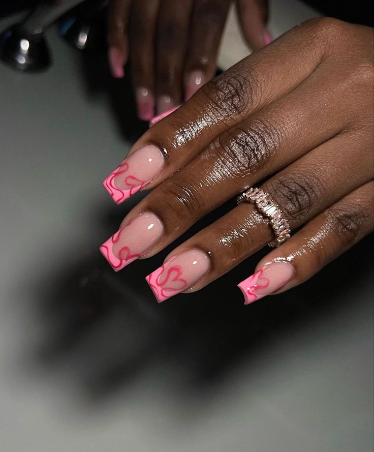 Pink Nails Art Ideas, Nail Business Names Ideas Unique, French Tip Nails Valentines, French Tip Nails Valentines Day, Valentine Nails Pink, Pink French Tip Nails, Biab Nails, Pink French Tip