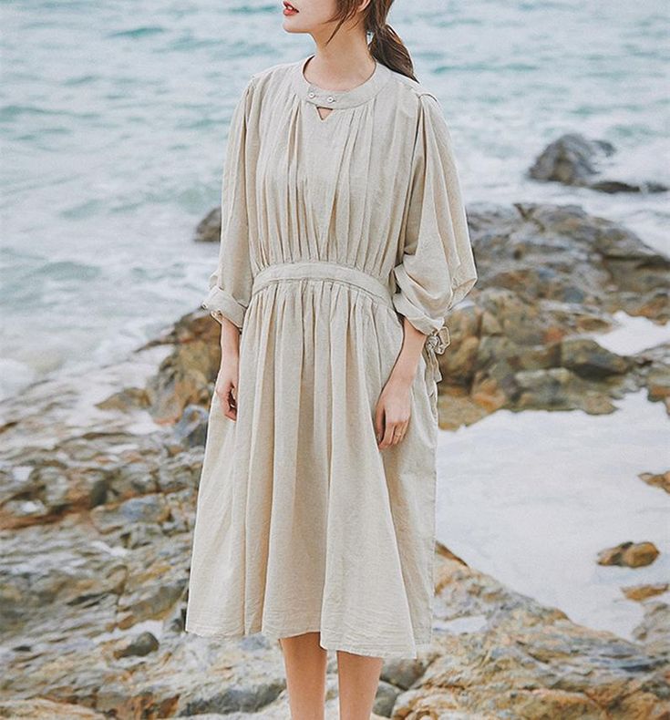 Loose linen tunic dresslinen summer dresslinen dresspleated | Etsy Linen A-line Midi Dress For Vacation, Summer Beige Pleated Midi Dress, Linen Sundress Midi Dress For Vacation, Spring Linen Pleated Dress, Beach Style Midi Length Linen Sundress, Beige Ramie Dresses For Spring, Beige Relaxed Fit Midi Dress For Vacation, Elegant Spring Ramie Dresses, Linen Sundress Midi Length For Day Out