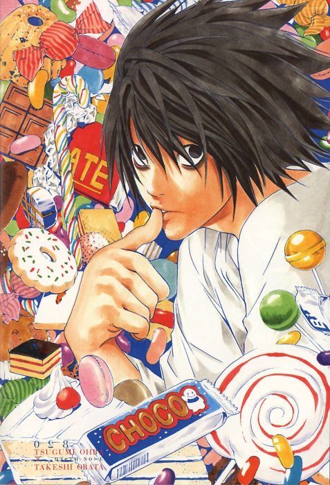 an anime character surrounded by candy and candies