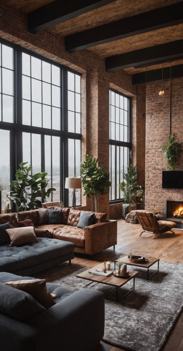 a living room filled with lots of furniture next to large windows and a fire place