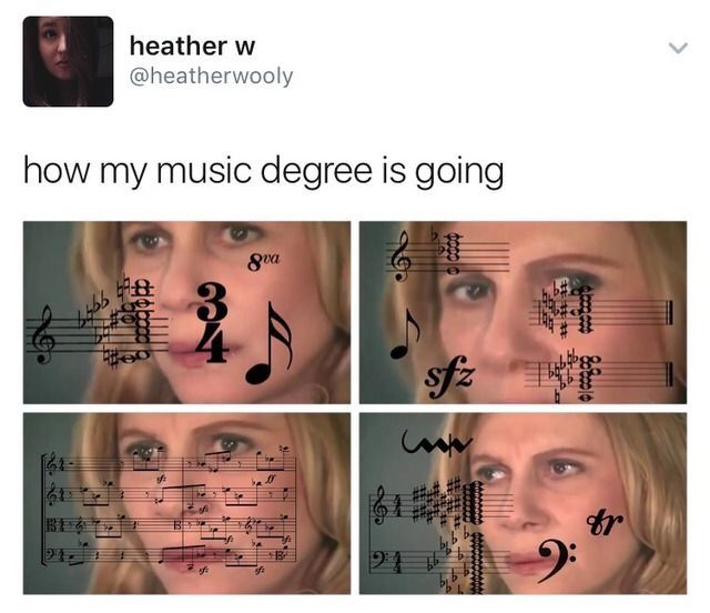 a woman's face with music notes on it and the words how my music degree is going