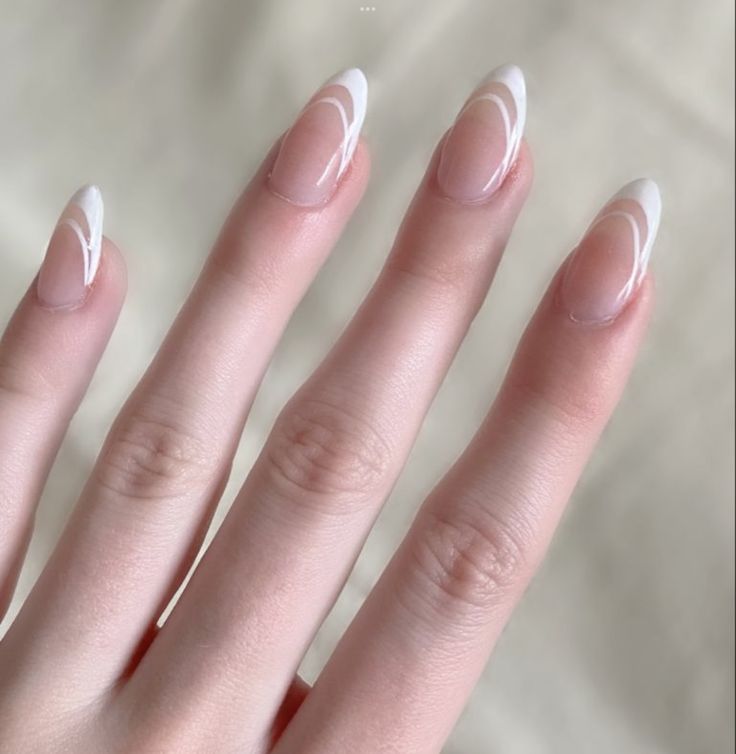 French Top Acrylic Nails Almond, Nail Inspo Oval French Tip, Almond Shape Double French Tip, Almond Shaped Nails With French Tip, French Tip Gel Nails Almond Shape, White Design French Tip Nails, French Tip With Almond Nails, French Tips Nails Almond Shape, French Nails Ideas Almond Shape