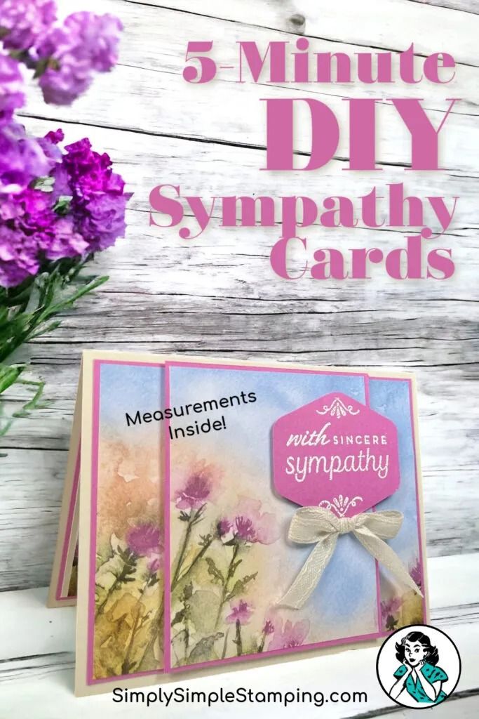 the 5 minute diy sympathy card is shown with purple flowers in front of it