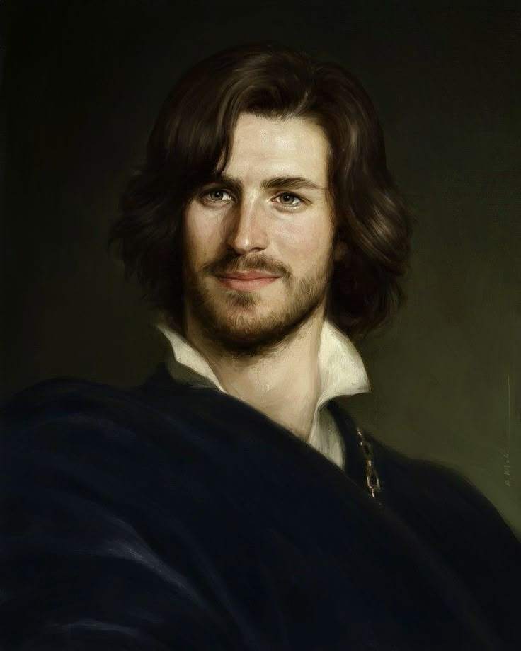 a painting of a man with long hair and beard wearing a black cloak over his shoulders