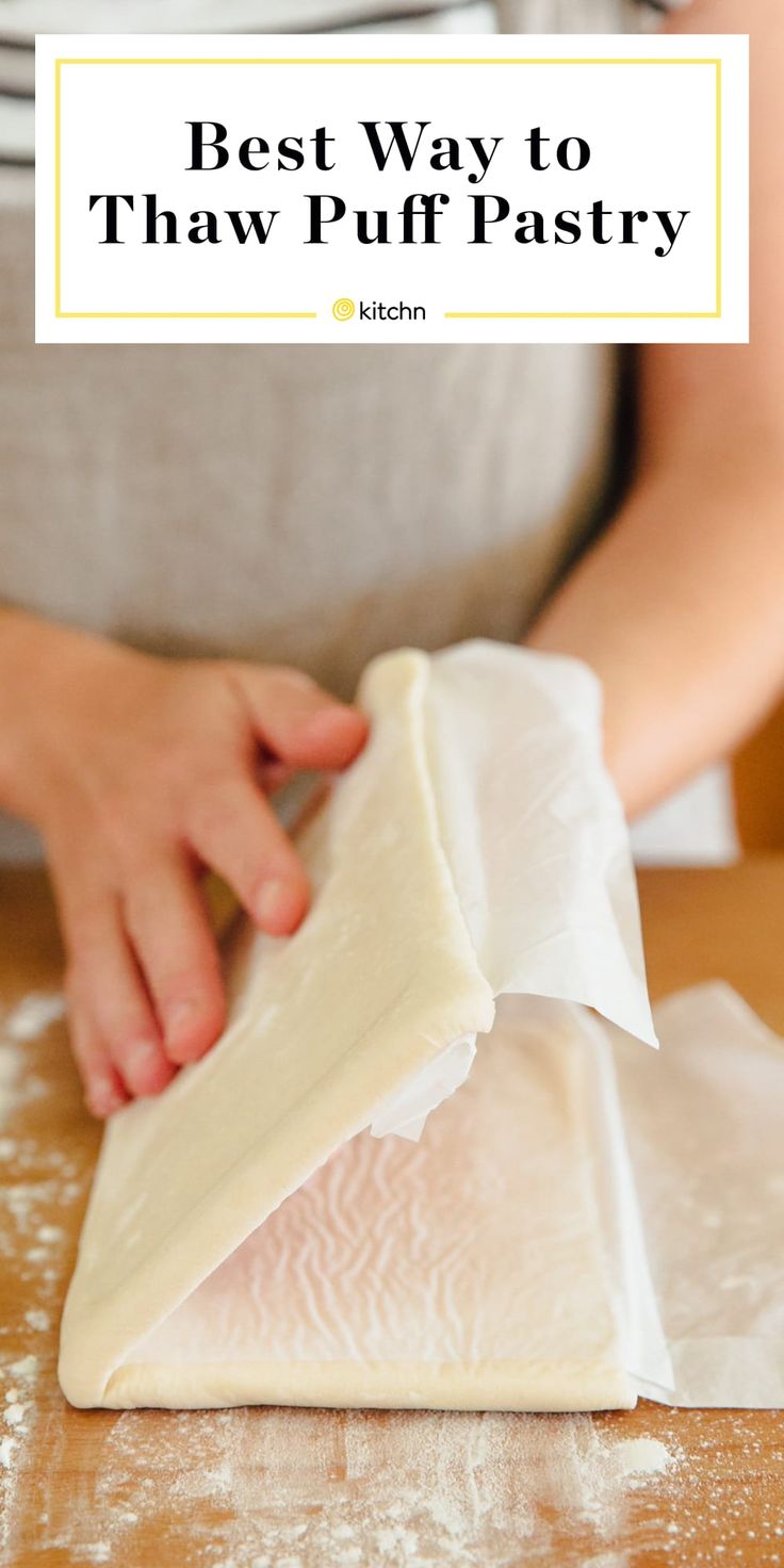 a woman is making some food on a table with the words best way to thaw puff pastry