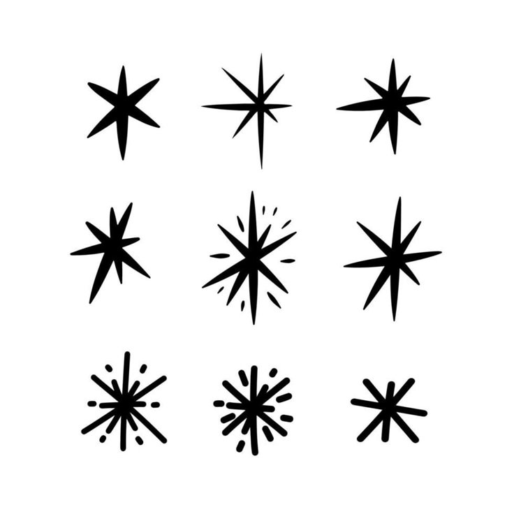 six black and white snowflakes are shown in different shapes on a white background