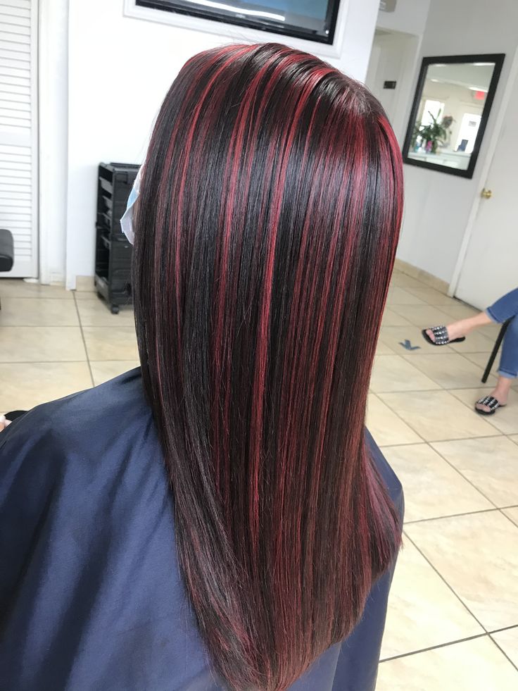 Black Hair With Red Highlights Black Women, Red Dye Highlights, Red Highlights On Straight Hair, Black And Red Skunk Hair, Red Highlights On Dark Hair Straight, Black Hair With Red Highlights Straight, Dark Red Highlights On Black Hair, Black Hair With Red Stripes, Dark Red Hair Streaks