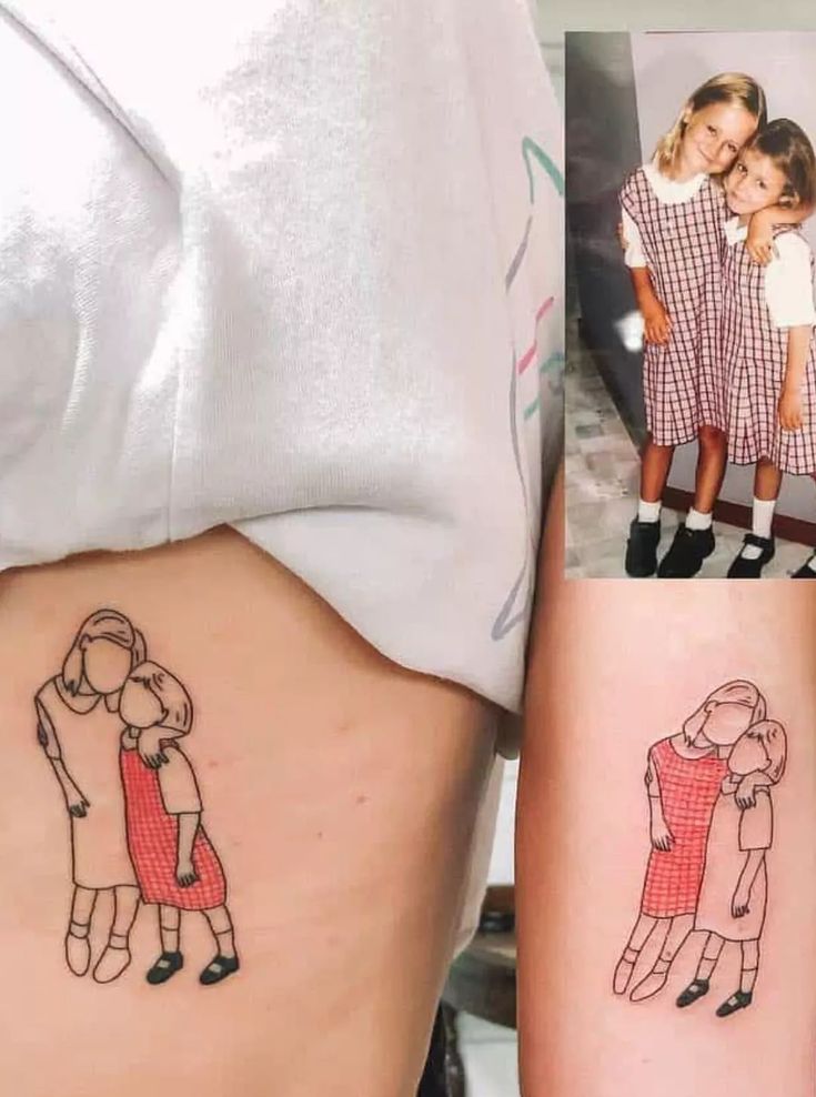 two girls with matching tattoos on their stomachs, one is holding the other's arm