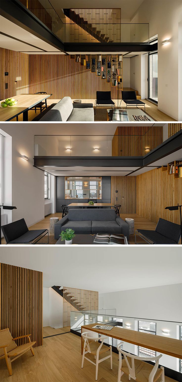 three different views of a living room, dining and kitchen area with wood paneling