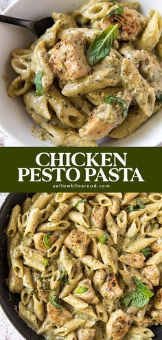 chicken pesto pasta in a white bowl with basil