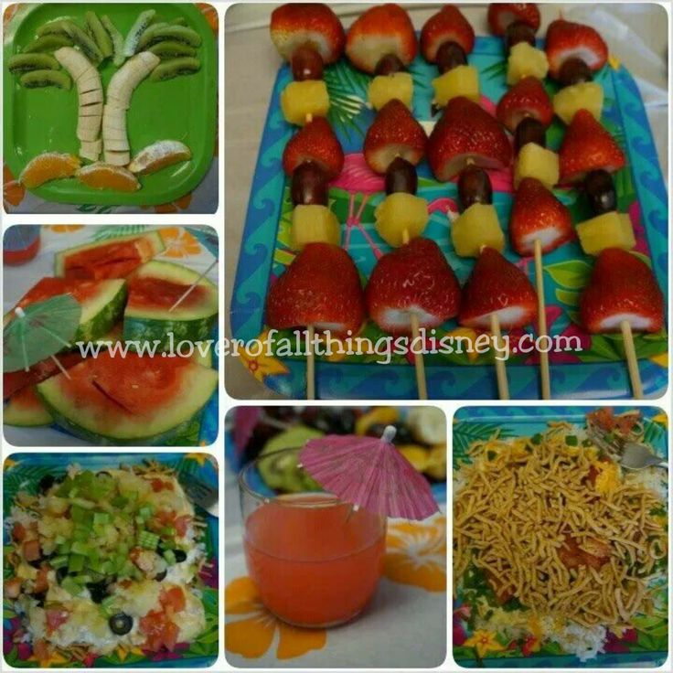 fruit and veggies on skewers are displayed in various stages of creation