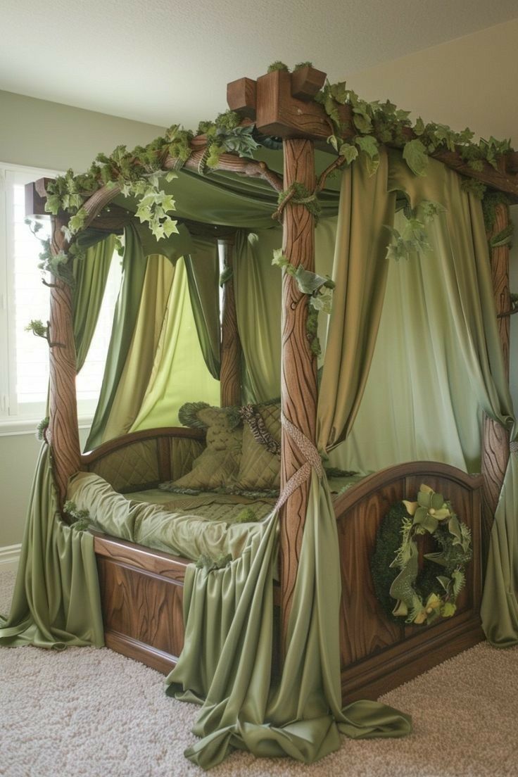 a canopy bed with green drapes on it's sides and curtains over the top