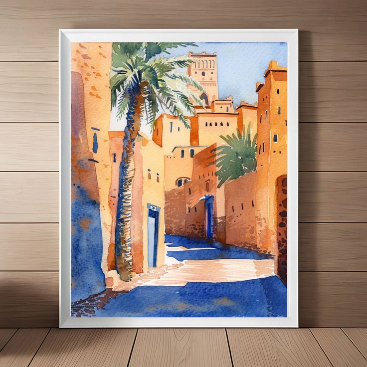 a watercolor painting of an alleyway with palm trees and buildings in the background