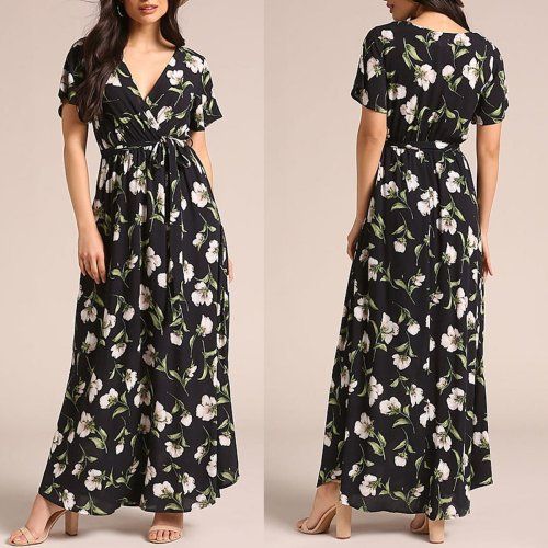 Floral Print Short Sleeve Vacation Maxi Dress V-neck Dress For Garden Party During Beach Season, Summer Floral Print Non-stretch Sundress, Non-stretch Floral Print Sundress For Summer, Spring Beach Maxi Dress Non-stretch, Spring Beach Non-stretch Maxi Dress, Non-stretch Maxi Dress For Spring Beach Occasions, Non-stretch Maxi Dress For Beach Vacation, Non-stretch Maxi Dress For Vacation Beach Season, Non-stretch Summer Beach Dress