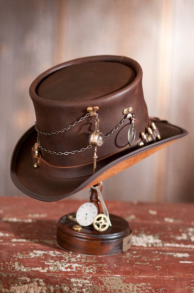 Our handcrafted headwear draws elements from the steam-powered American West into the future, for a striking top hat that adds drama, fantasy, and conversation. Free shipping   returns. Punk Hats, Steampunk Hats, Leather Top Hat, Steampunk Hat, Crown Hat, Steampunk Accessories, Steampunk Costume, Steampunk Clothing, Love Hat