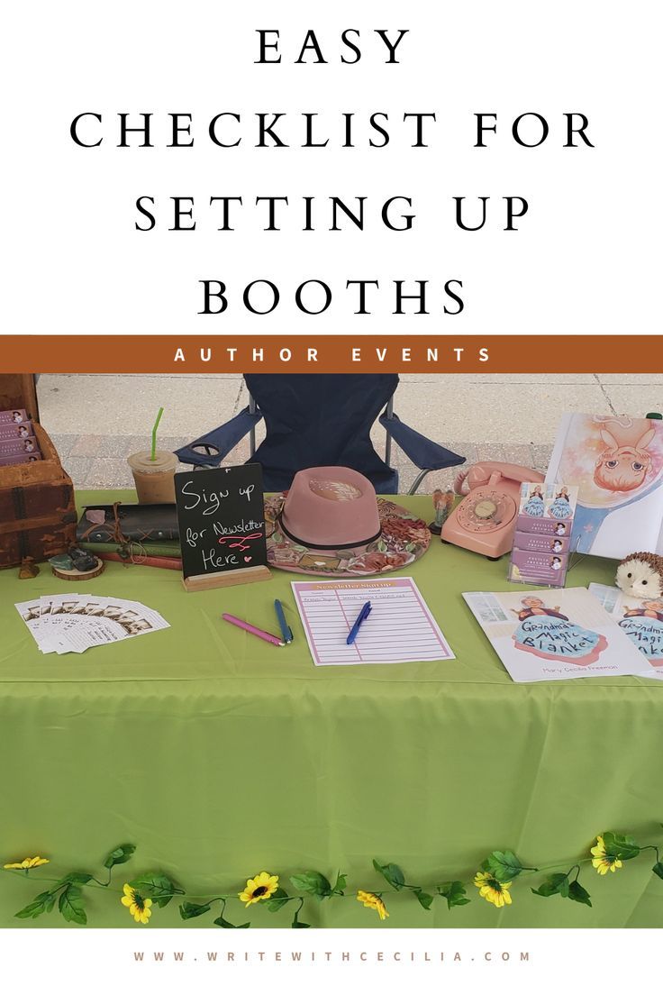 a green table topped with lots of cards and writing on it's sides, next to a sign that says easy checklist for setting up booths