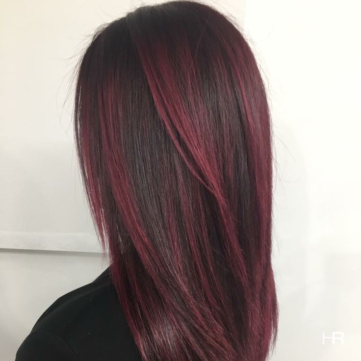 Red Highlites On Dark Hair, Balayage Wine Hair, Balayage Hair Dark Red, Burgundy Balayage Straight Hair, Red Bayalage On Black Hair, Black Hair Dark Red Highlights, Hair Dye Straight Hair, Red Highlights In Brown Hair Straight, Burgundy Brunette Hair